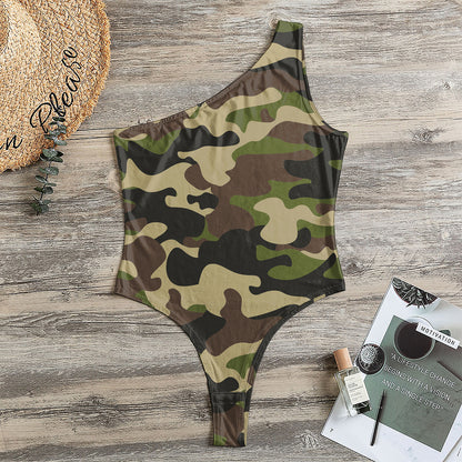 Army Green Camouflage Print One Shoulder Bodysuit