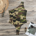 Army Green Camouflage Print One Shoulder Bodysuit