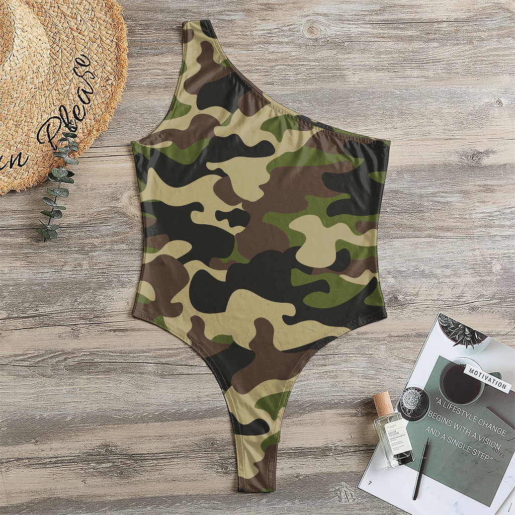 Army Green Camouflage Print One Shoulder Bodysuit