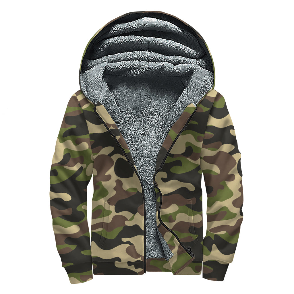 Army Green Camouflage Print Sherpa Lined Zip Up Hoodie