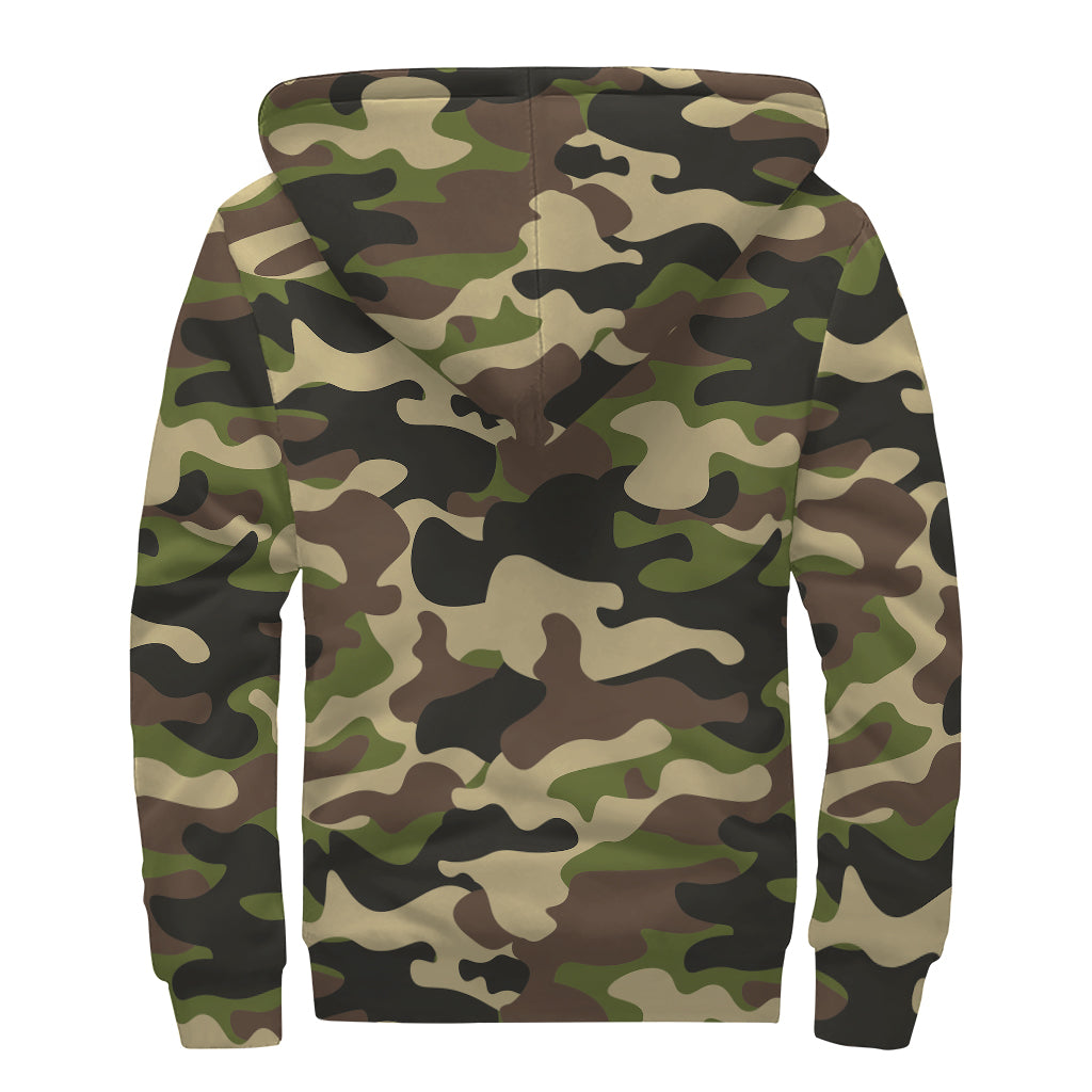 Army Green Camouflage Print Sherpa Lined Zip Up Hoodie