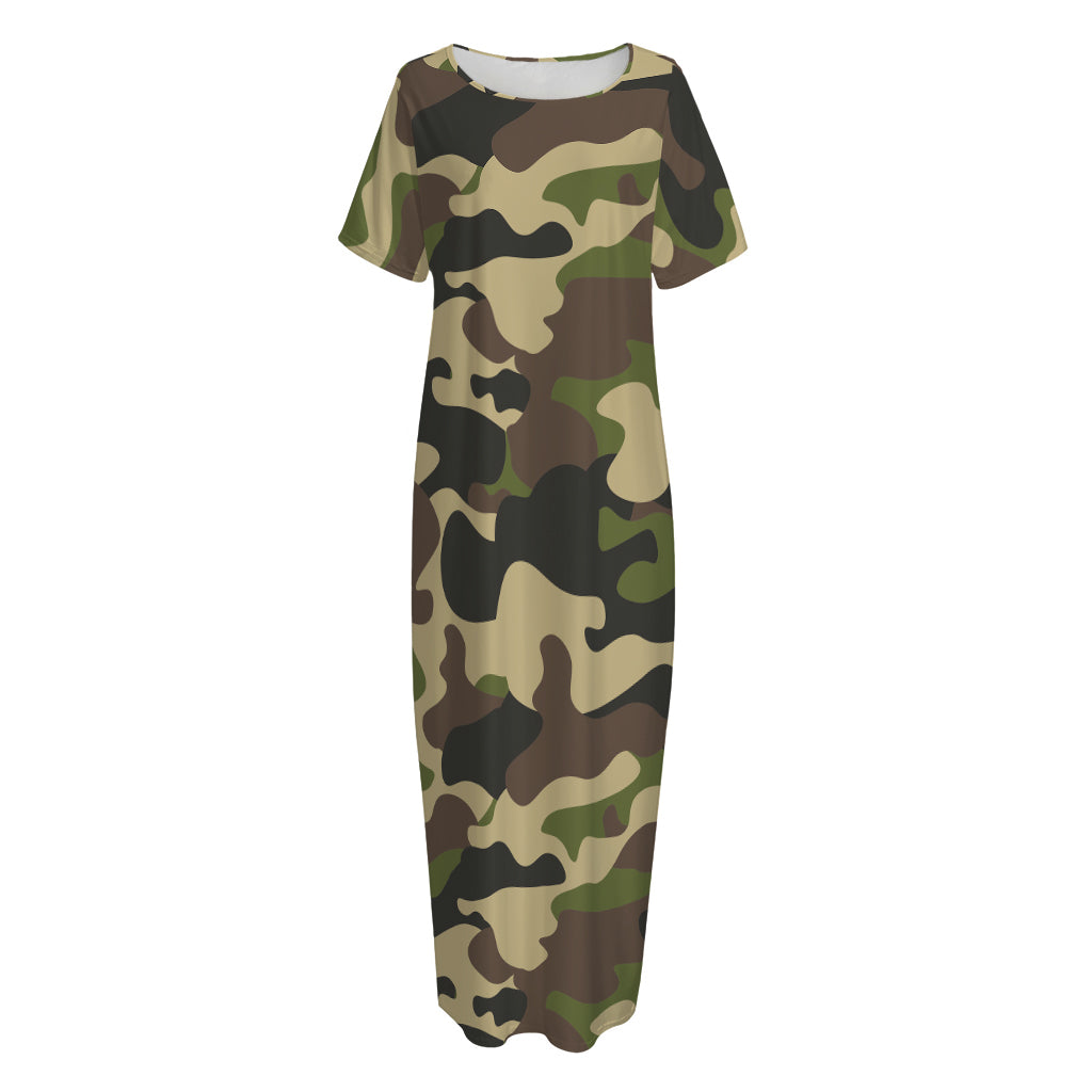 Army Green Camouflage Print Short Sleeve Long Nightdress