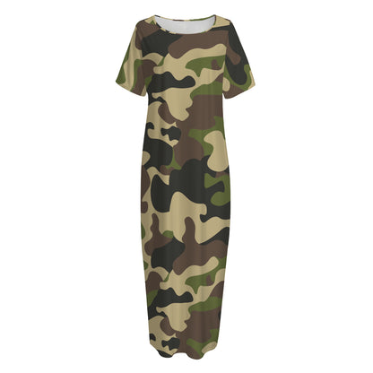 Army Green Camouflage Print Short Sleeve Long Nightdress