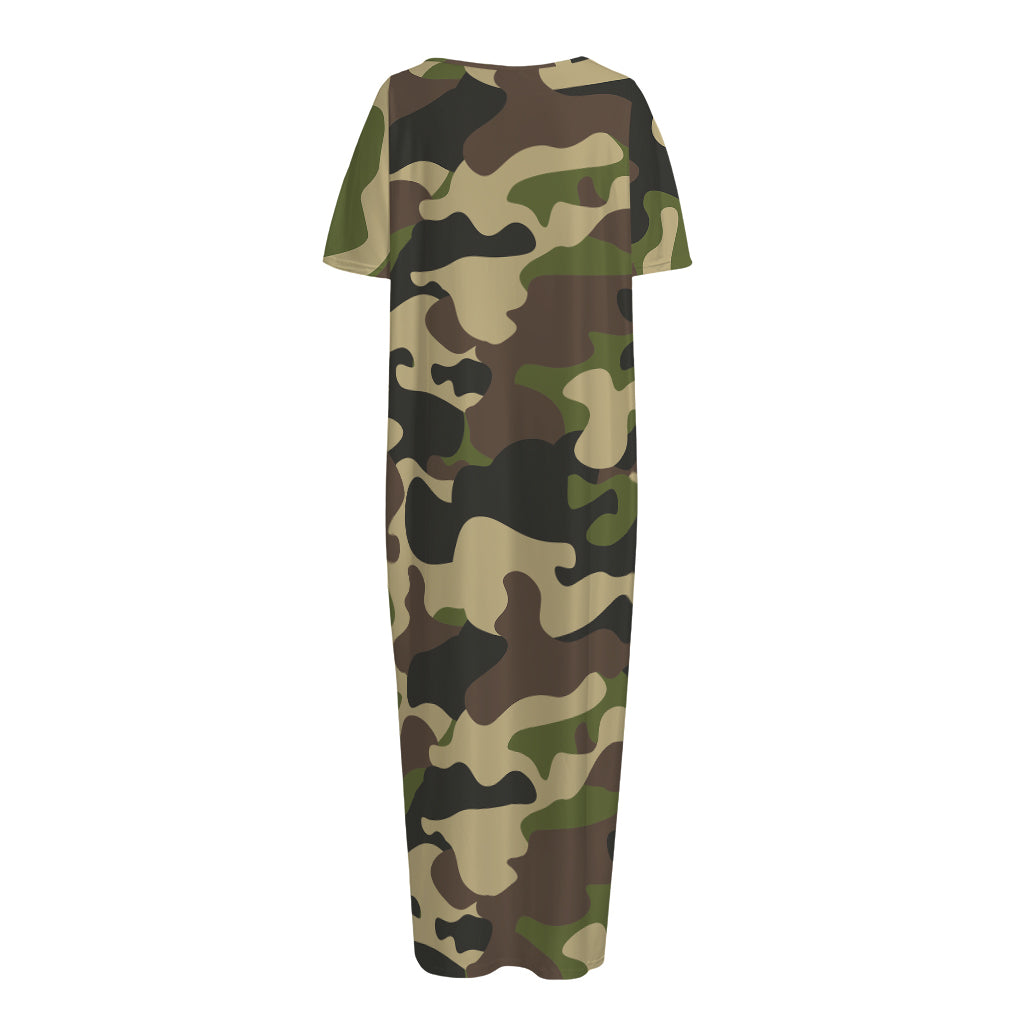 Army Green Camouflage Print Short Sleeve Long Nightdress