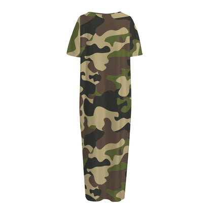 Army Green Camouflage Print Short Sleeve Long Nightdress