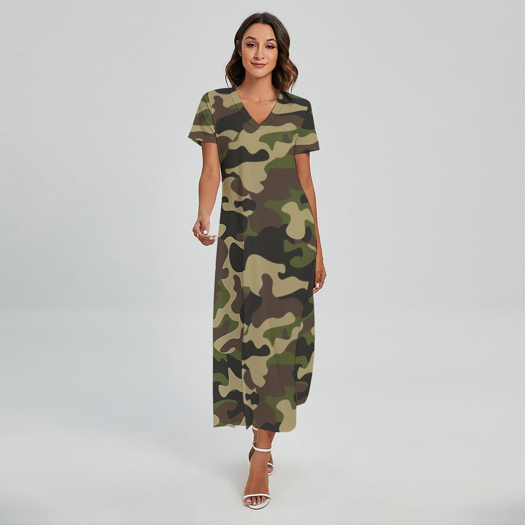 Army Green Camouflage Print Short Sleeve Maxi Dress