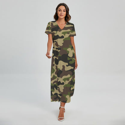 Army Green Camouflage Print Short Sleeve Maxi Dress