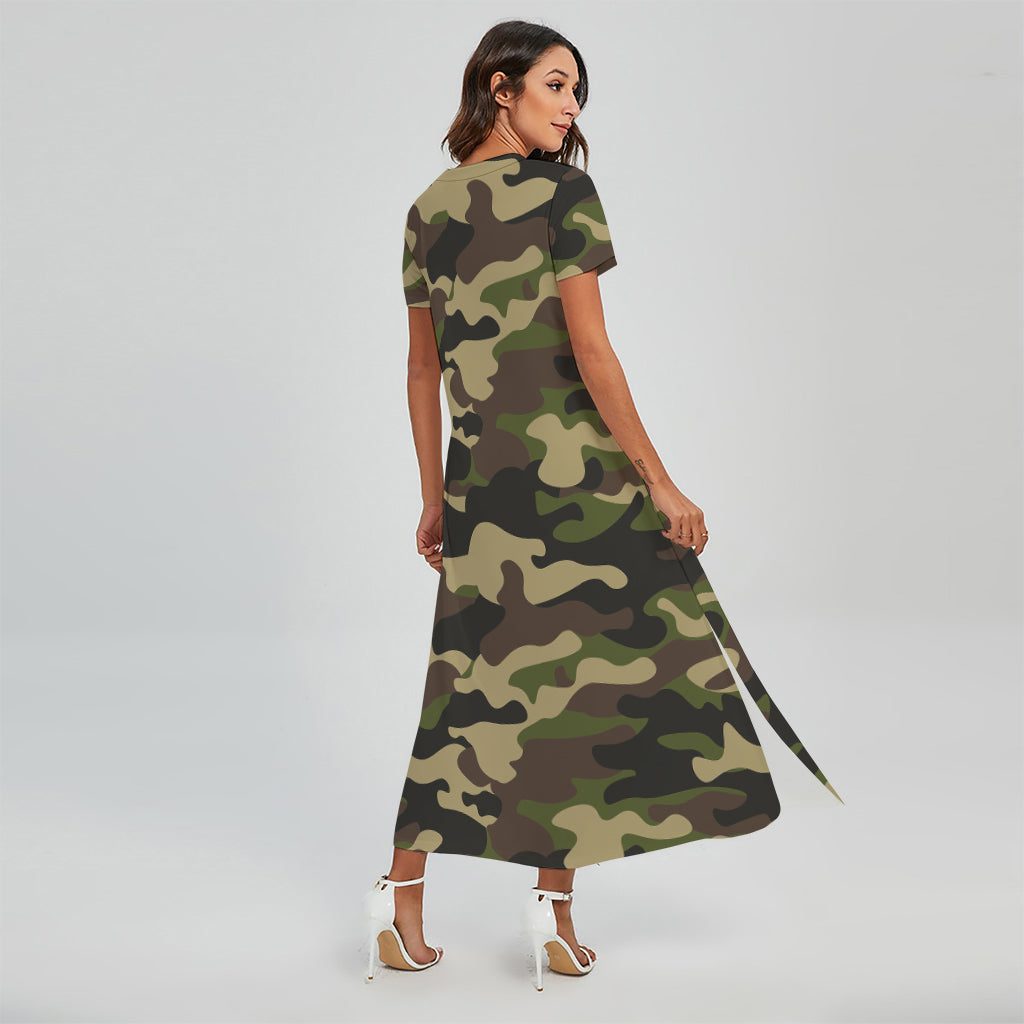 Army Green Camouflage Print Short Sleeve Maxi Dress
