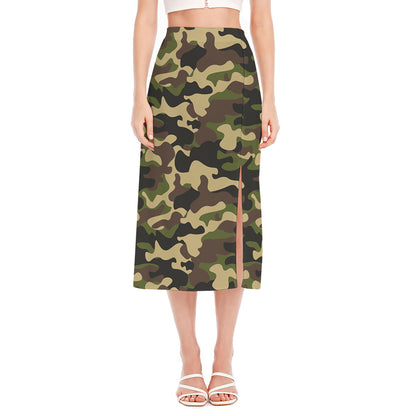 Army Green Camouflage Print Side Slit Midi Skirt