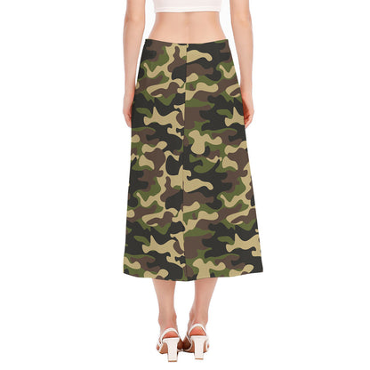 Army Green Camouflage Print Side Slit Midi Skirt