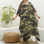 Army Green Camouflage Print Silk V-Neck Kaftan Dress
