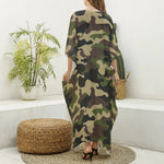 Army Green Camouflage Print Silk V-Neck Kaftan Dress