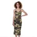 Army Green Camouflage Print Slim Fit Midi Cami Dress