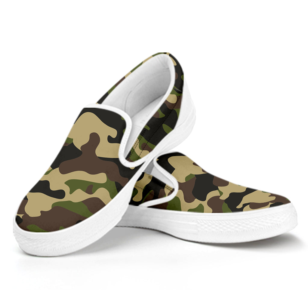 Army Green Camouflage Print White Slip On Sneakers