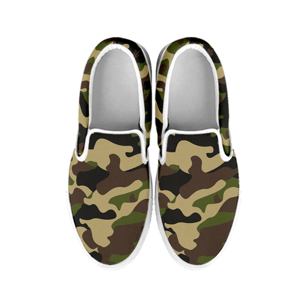 Army Green Camouflage Print White Slip On Sneakers