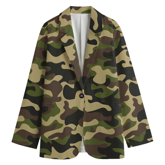 Army Green Camouflage Print Women's Cotton Blazer