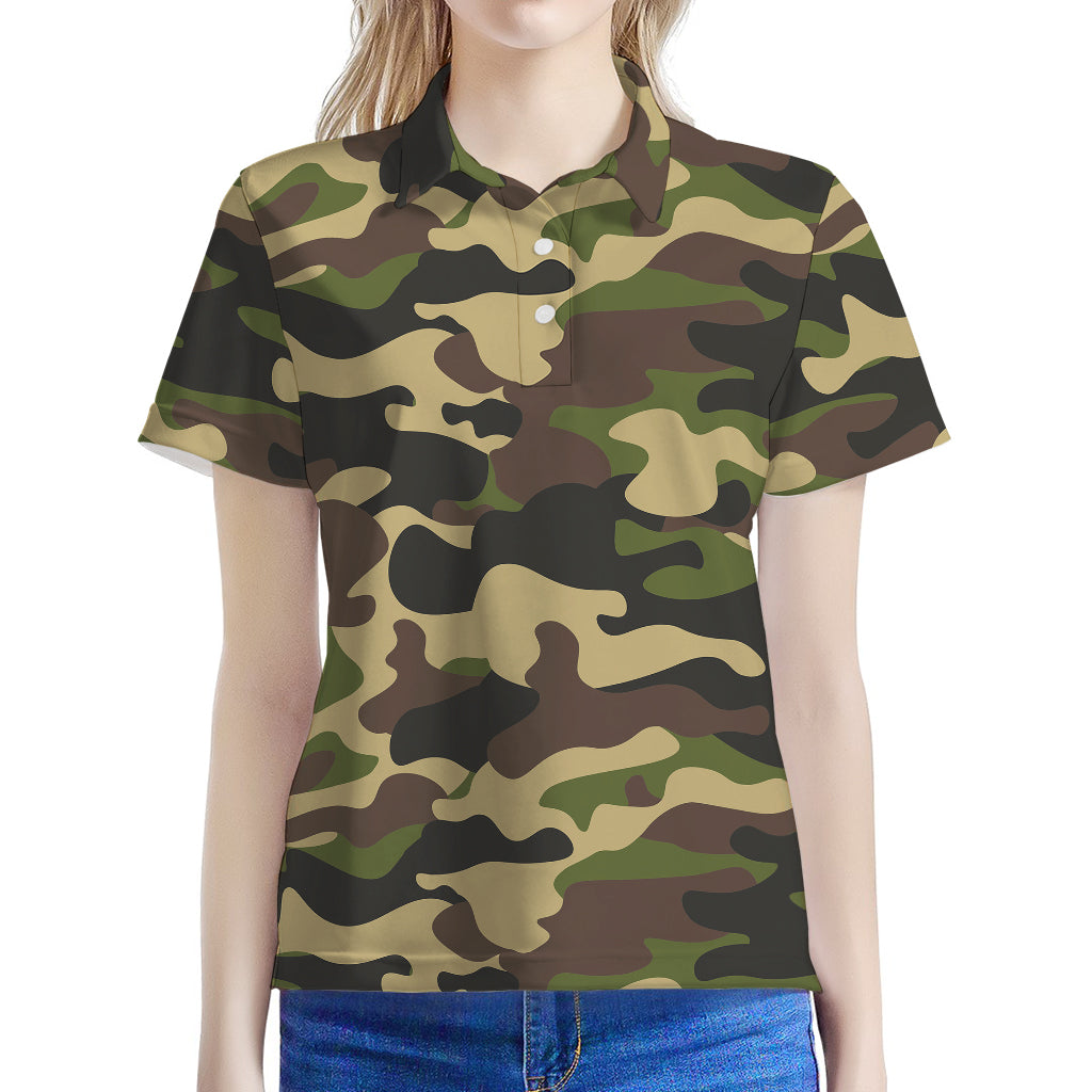 Army Green Camouflage Print Women's Polo Shirt