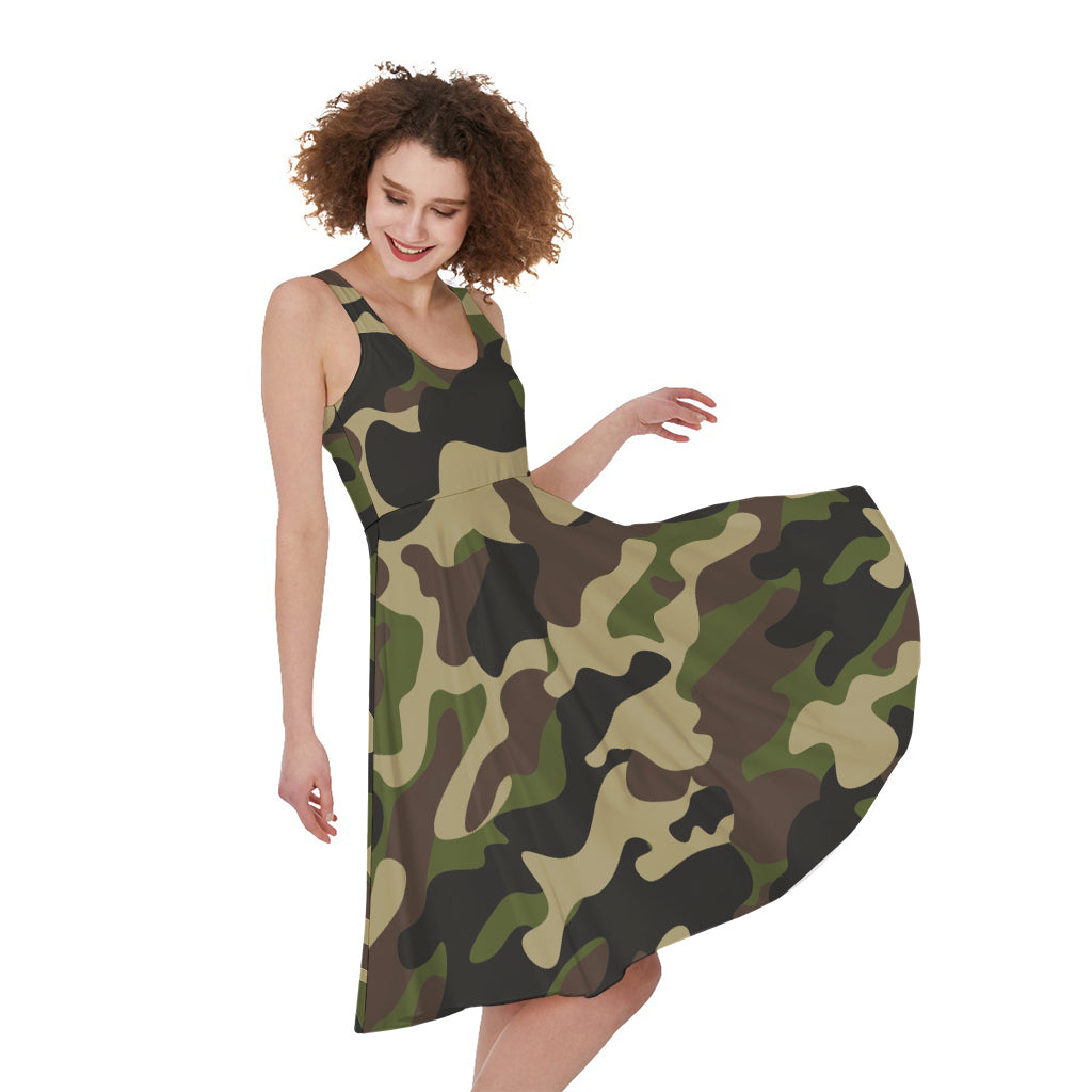Army Green Camouflage Print Women's Sleeveless Dress