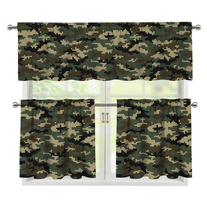 Army Green Digital Camo Pattern Print 3 Piece Kitchen Curtains