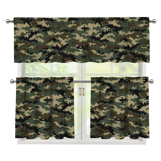 Army Green Digital Camo Pattern Print 3 Piece Kitchen Curtains