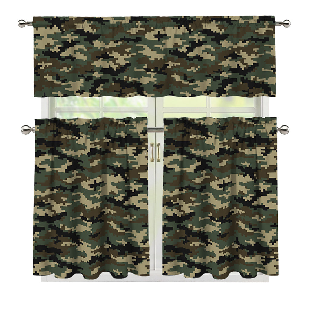 Army Green Digital Camo Pattern Print 3 Piece Kitchen Curtains