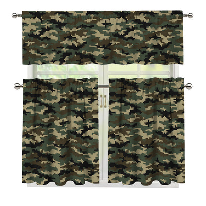 Army Green Digital Camo Pattern Print 3 Piece Kitchen Curtains