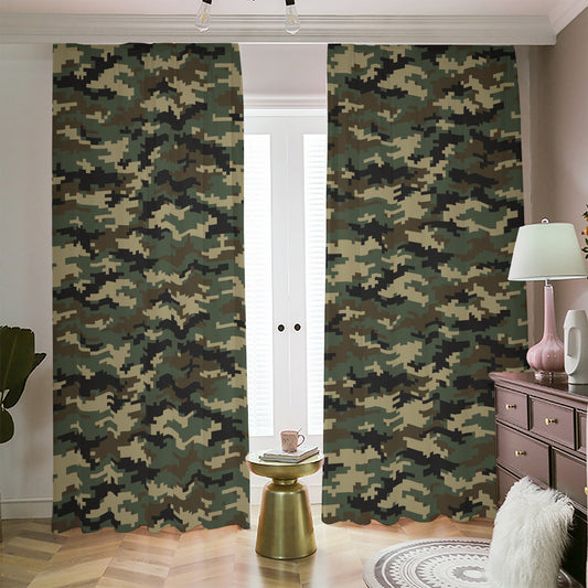 Army Green Digital Camo Pattern Print Blackout Pencil Pleat Curtains