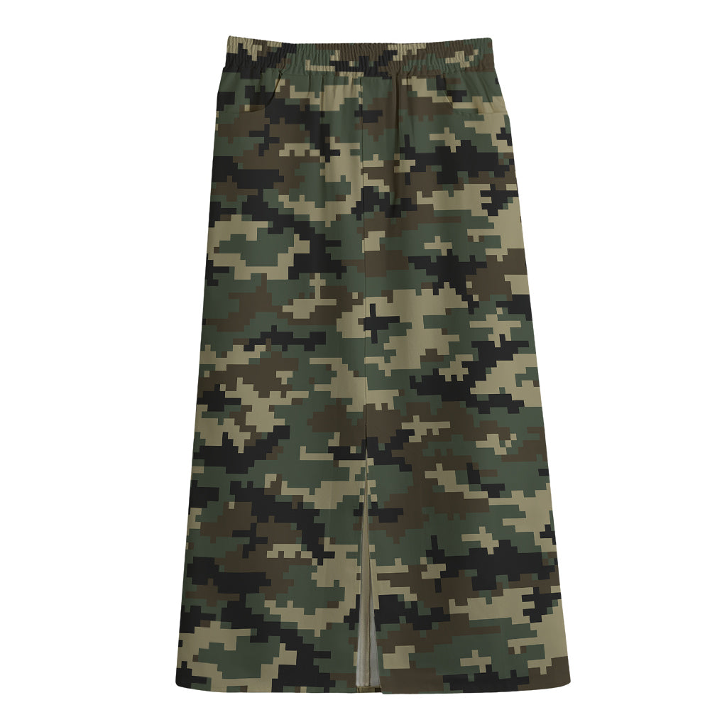 Army Green Digital Camo Pattern Print Cotton Front Slit Maxi Skirt