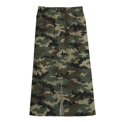 Army Green Digital Camo Pattern Print Cotton Front Slit Maxi Skirt