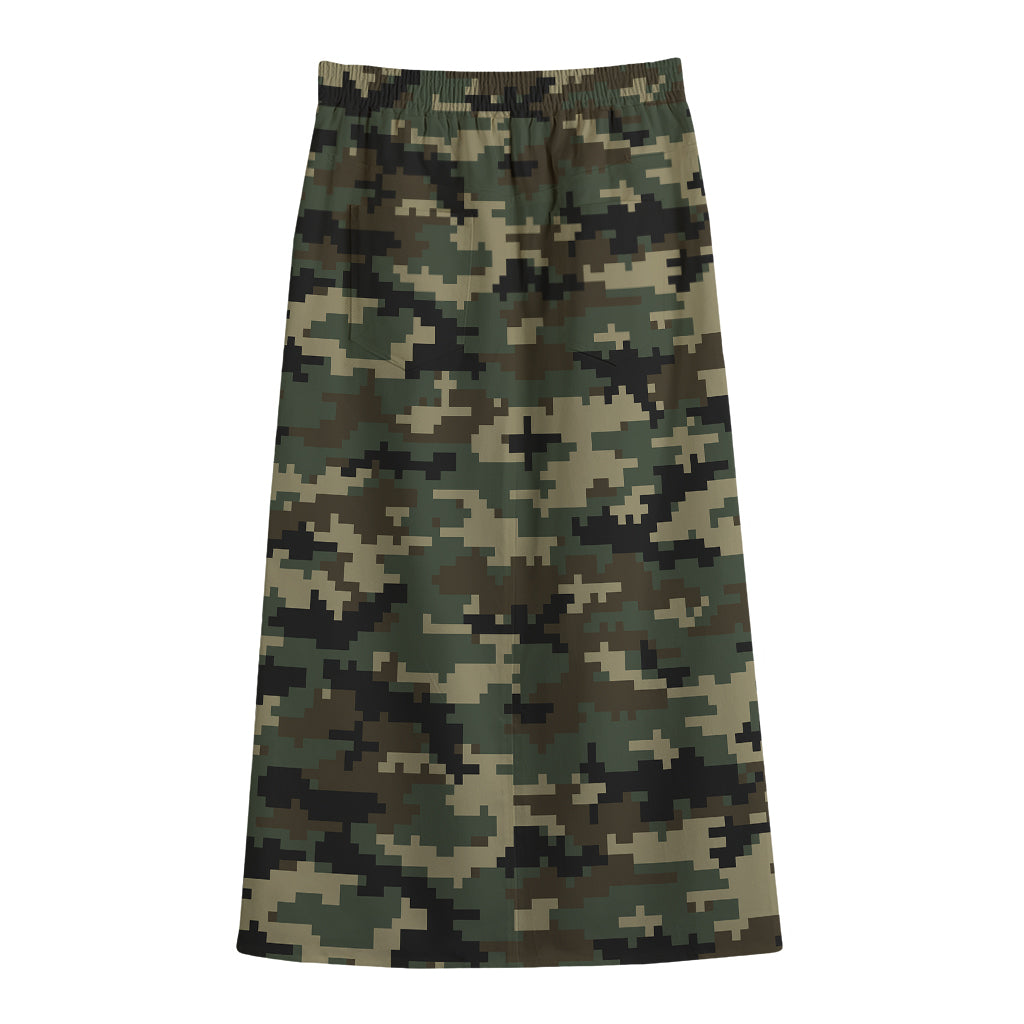 Army Green Digital Camo Pattern Print Cotton Front Slit Maxi Skirt