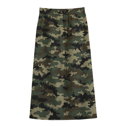 Army Green Digital Camo Pattern Print Cotton Front Slit Maxi Skirt