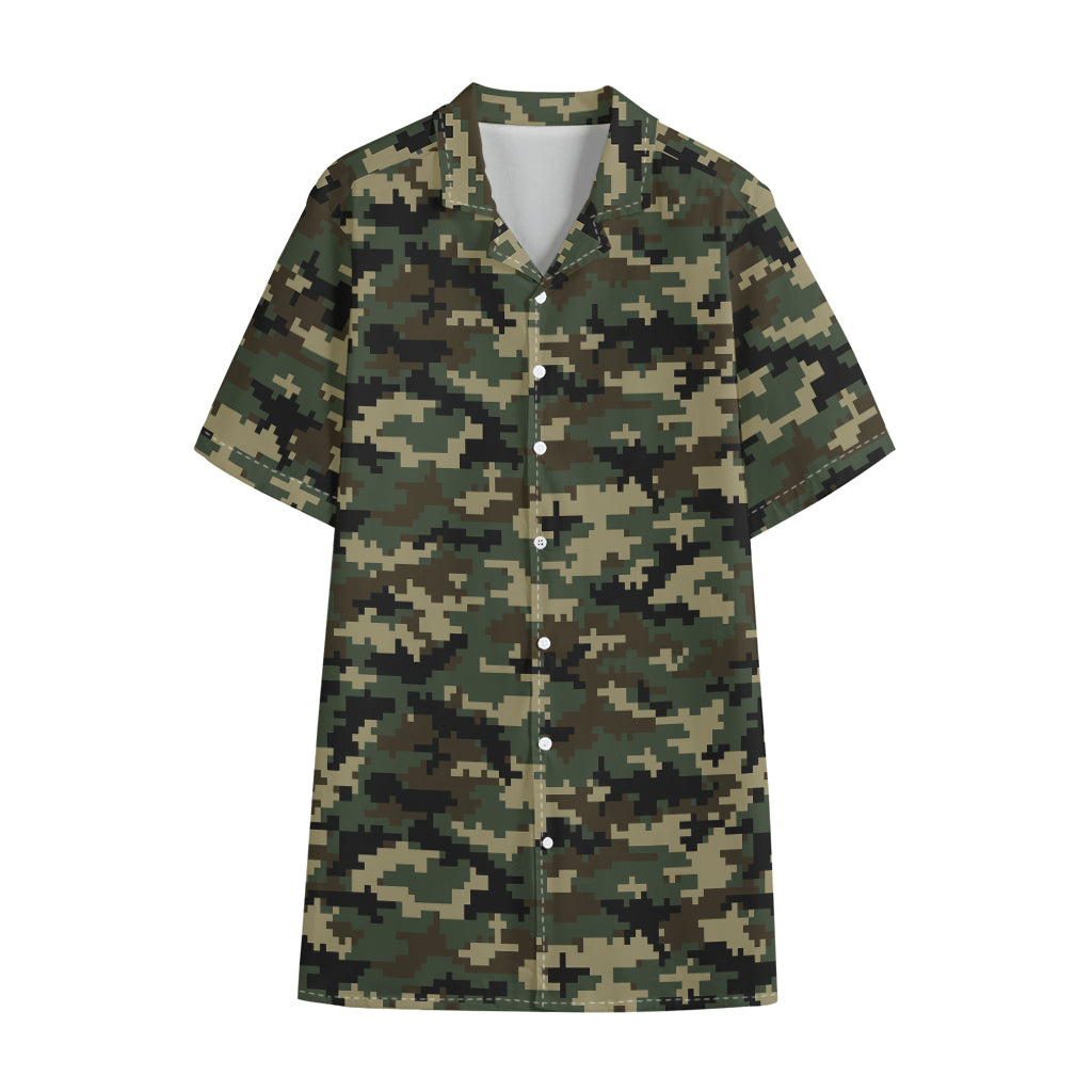 Army Green Digital Camo Pattern Print Cotton Hawaiian Shirt