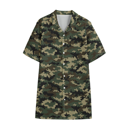 Army Green Digital Camo Pattern Print Cotton Hawaiian Shirt