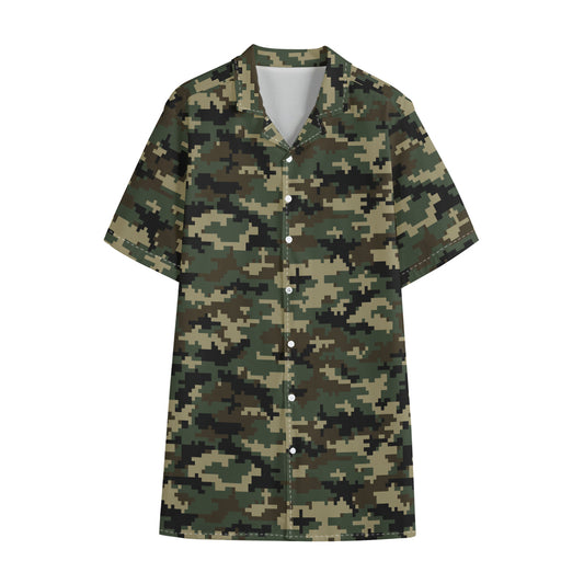 Army Green Digital Camo Pattern Print Cotton Hawaiian Shirt