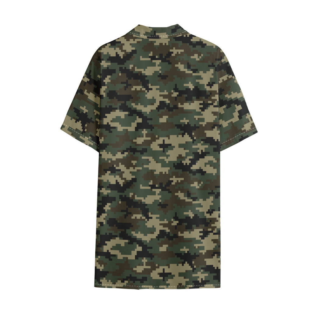 Army Green Digital Camo Pattern Print Cotton Hawaiian Shirt