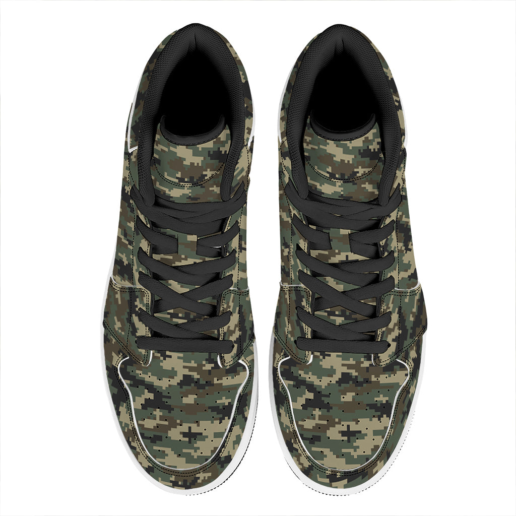 Army Green Digital Camo Pattern Print High Top Leather Sneakers