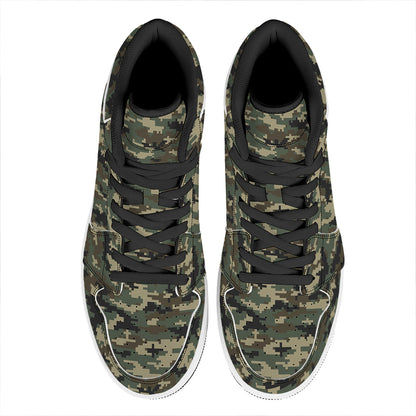 Army Green Digital Camo Pattern Print High Top Leather Sneakers