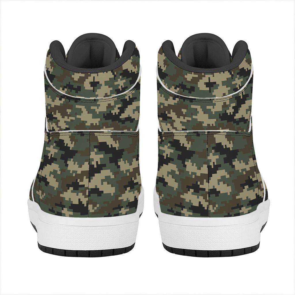 Army Green Digital Camo Pattern Print High Top Leather Sneakers