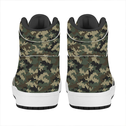 Army Green Digital Camo Pattern Print High Top Leather Sneakers