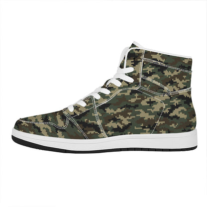 Army Green Digital Camo Pattern Print High Top Leather Sneakers