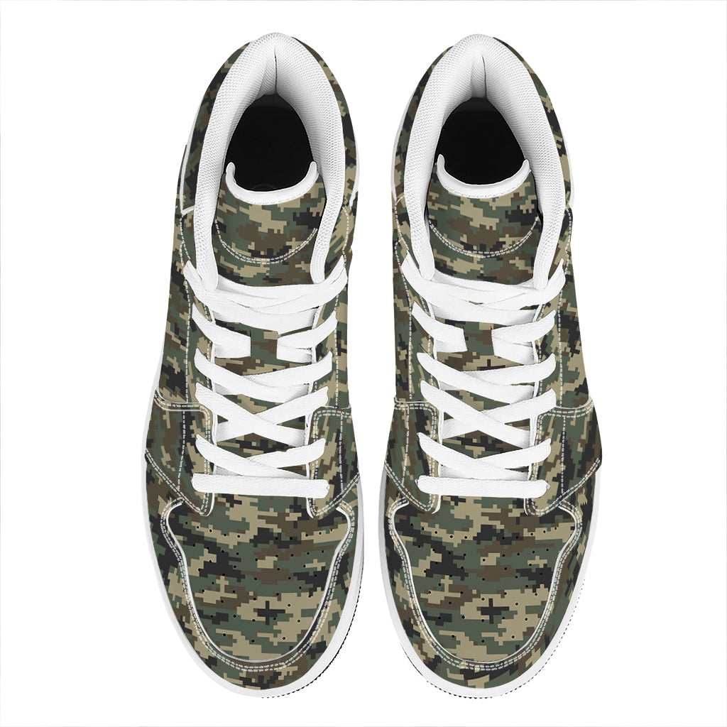 Army Green Digital Camo Pattern Print High Top Leather Sneakers