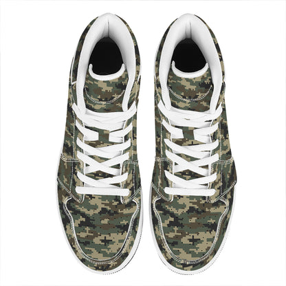 Army Green Digital Camo Pattern Print High Top Leather Sneakers