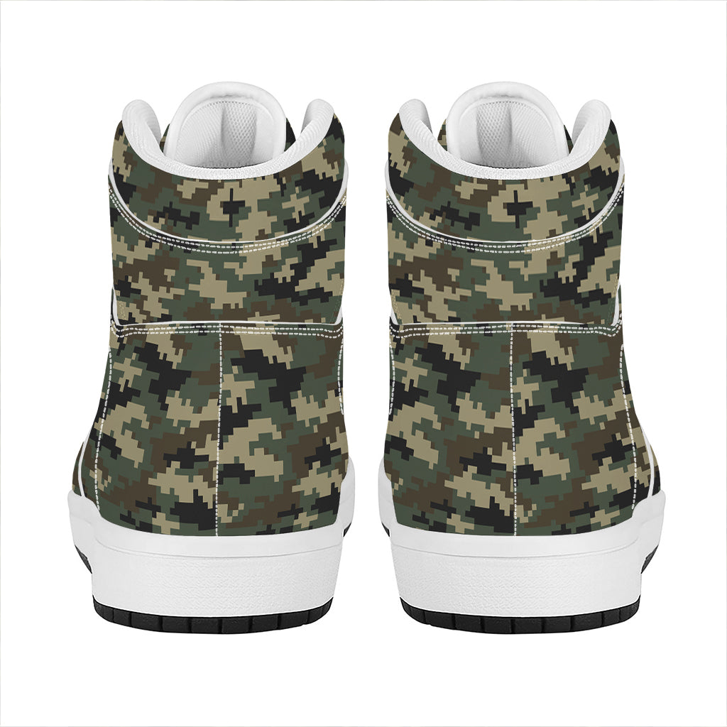 Army Green Digital Camo Pattern Print High Top Leather Sneakers