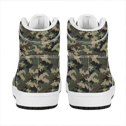 Army Green Digital Camo Pattern Print High Top Leather Sneakers