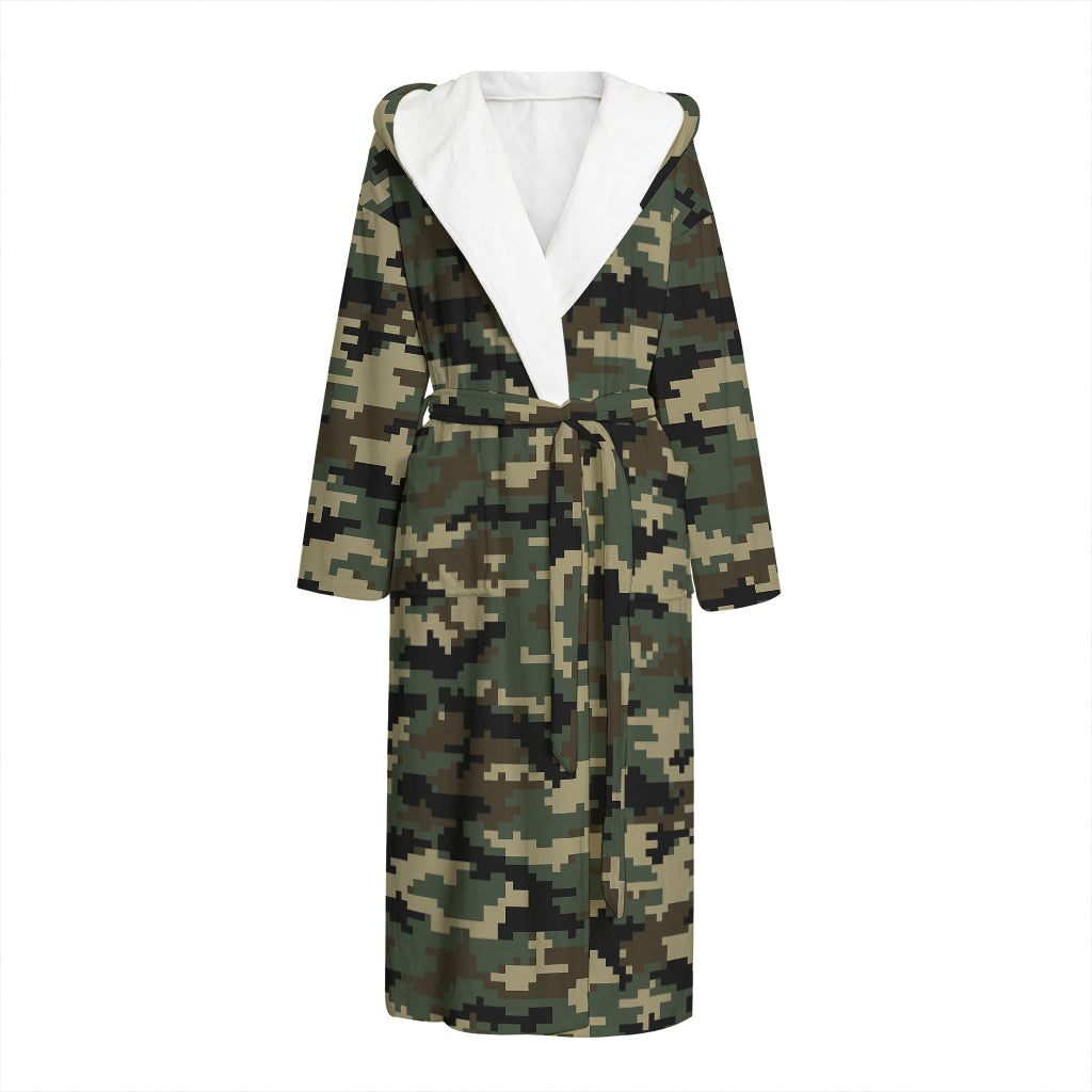 Army Green Digital Camo Pattern Print Hooded Bathrobe