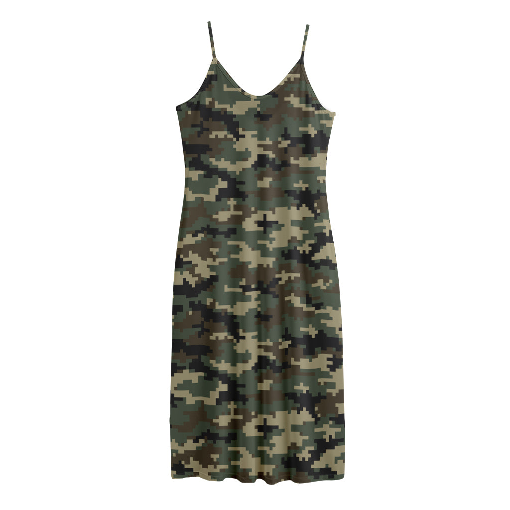 Army Green Digital Camo Pattern Print Jersey Midi Cami Dress