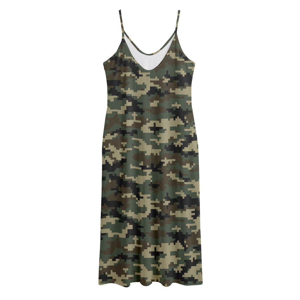 Army Green Digital Camo Pattern Print Jersey Midi Cami Dress