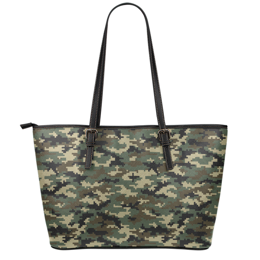 Army Green Digital Camo Pattern Print Leather Tote Bag