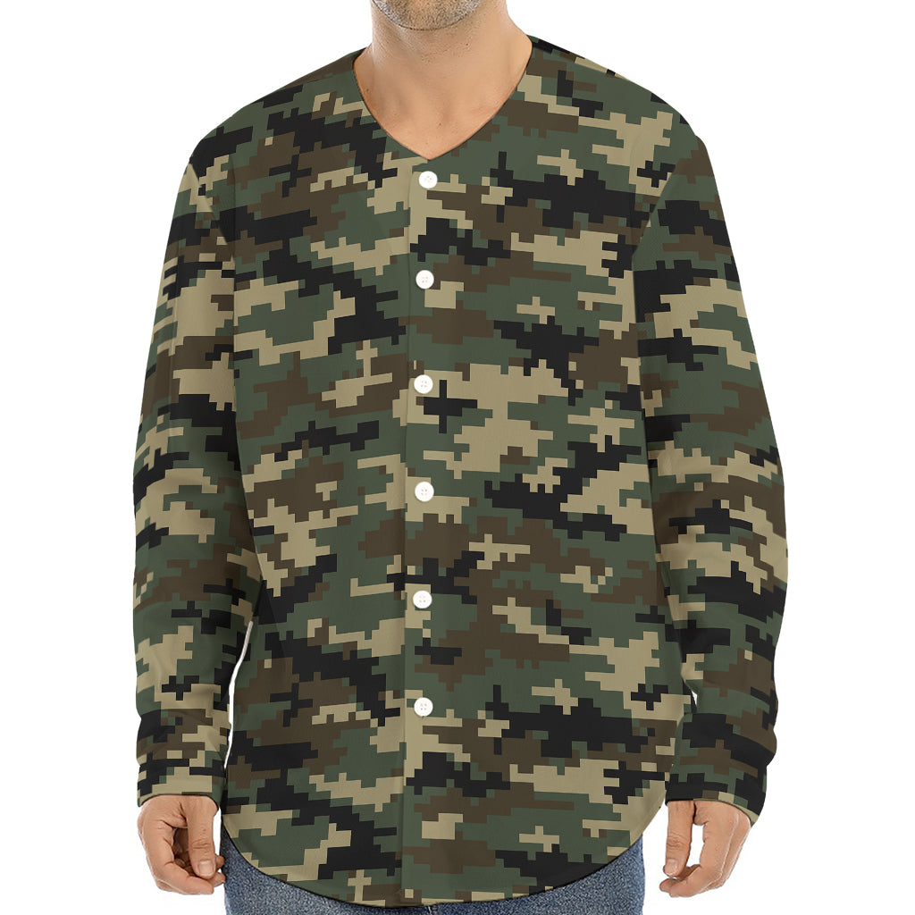 Army Green Digital Camo Pattern Print Long Sleeve Baseball Jersey