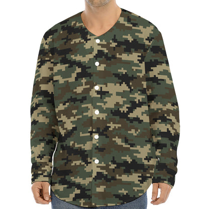 Army Green Digital Camo Pattern Print Long Sleeve Baseball Jersey